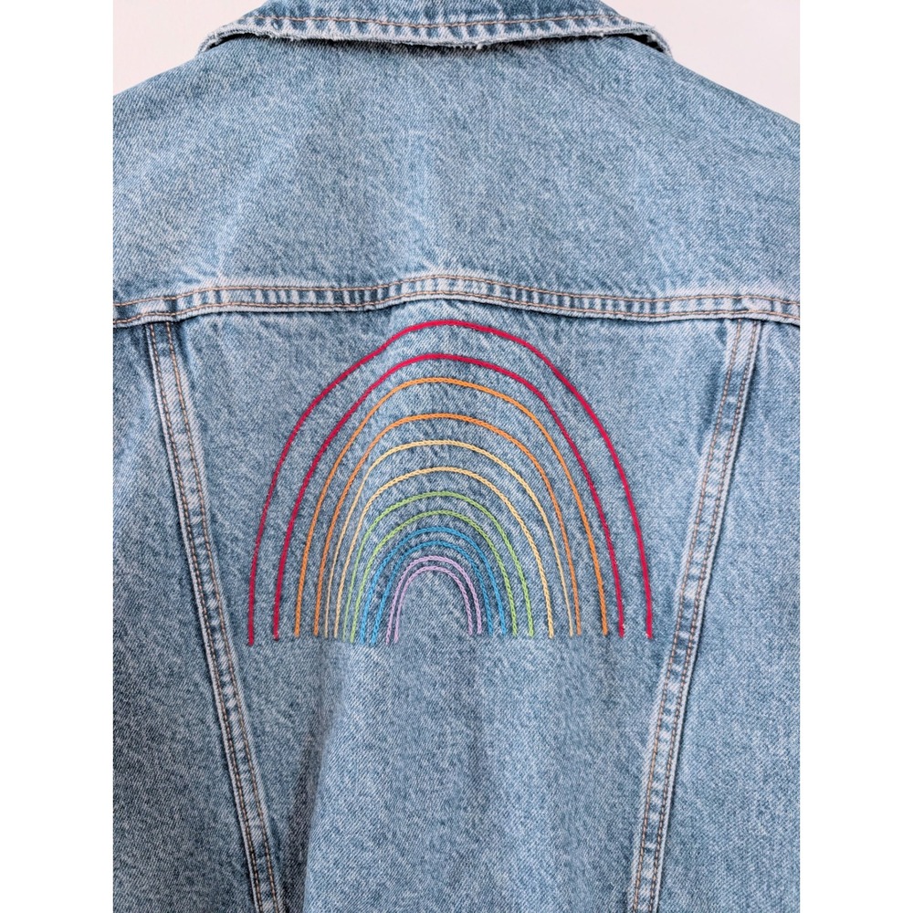 Old Navy Boyfriend Denim Jacket Light Wash Rainbow Embroidery Womens XS Pride